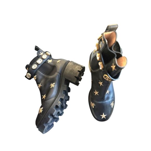 GUCCI Bee Embroidered Leather Booties Black w Box 38.5 - Picture 2 of 6